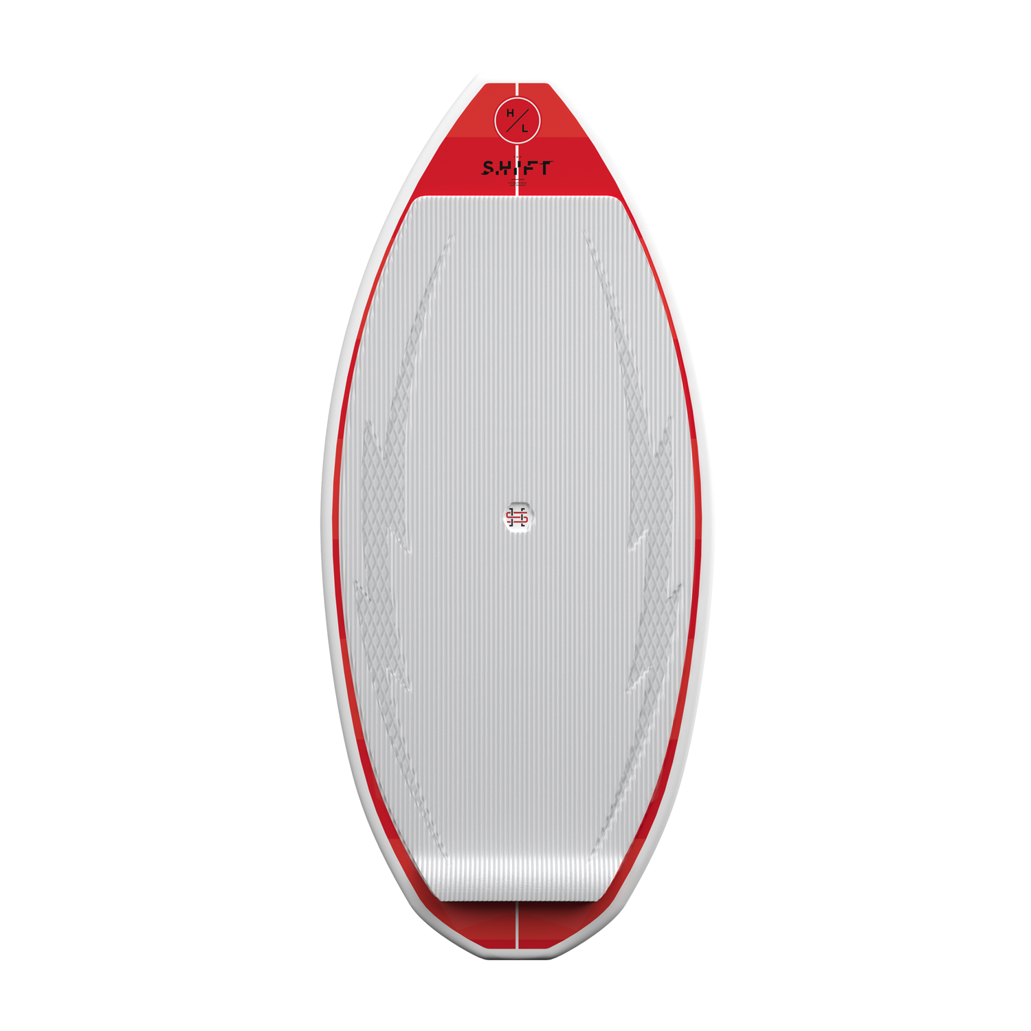 Top view of the Shift wakesurfer in red with a white traction pad.
