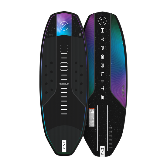 Top and base view of Shuttle board showing black slotted top and colorful gradient base.