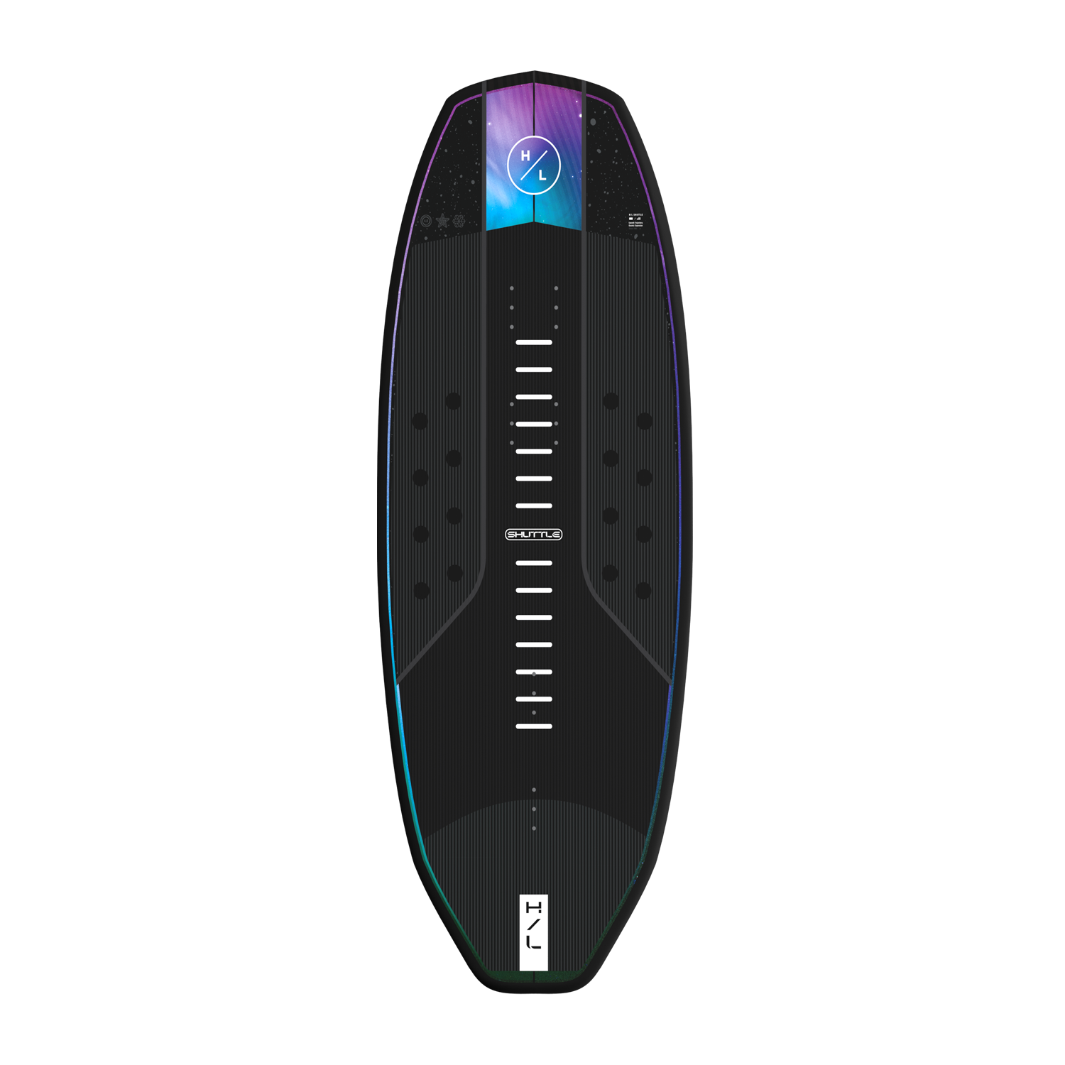 Top view of Shuttle board with black surface, white slot details, and HL circle logo.