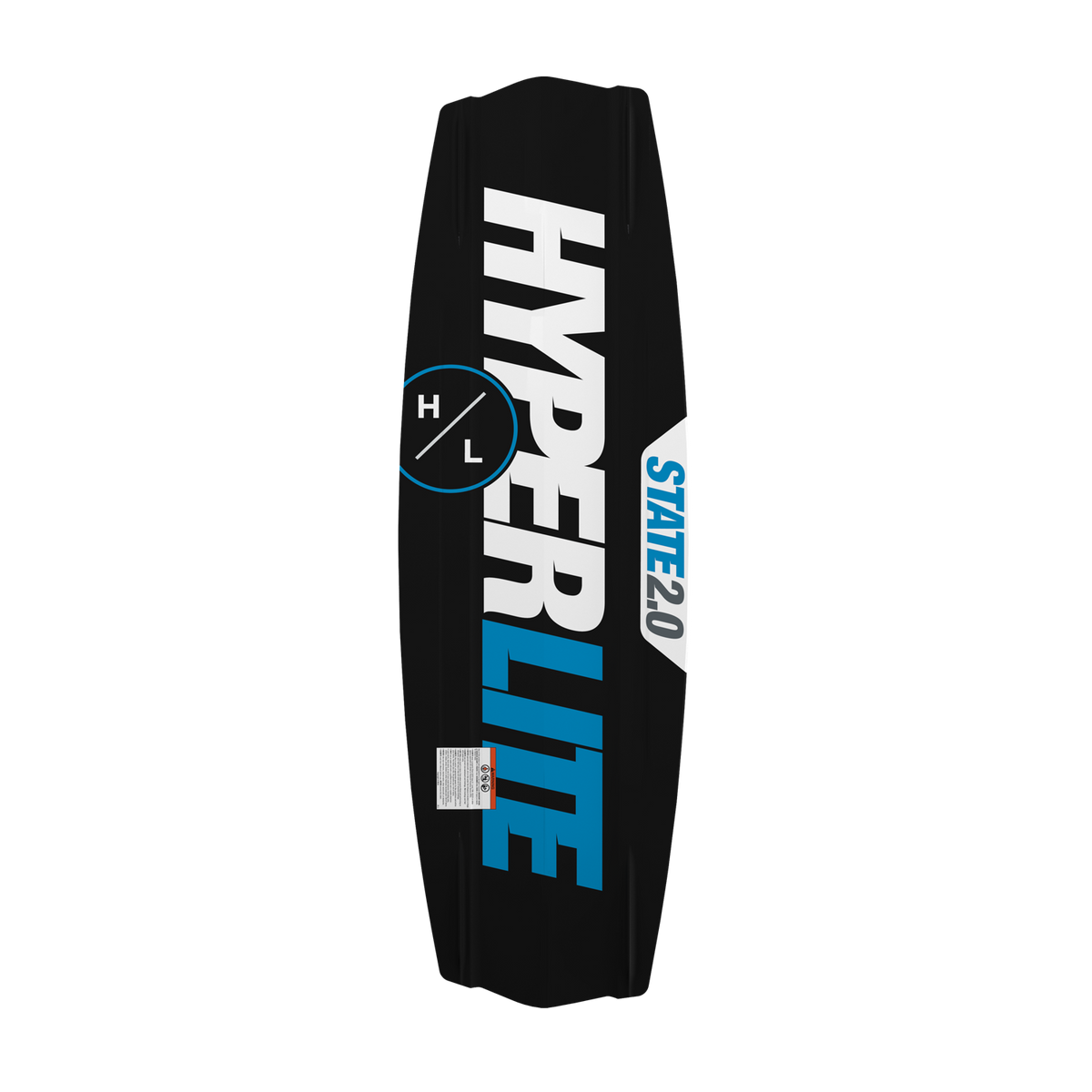 Base view of State Jr. wakeboard with bold Hyperlite logo in white and blue.