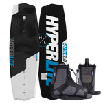 Top and bottom view of State Jr. wakeboard in black and white with blue logo and gray Remix bindings.