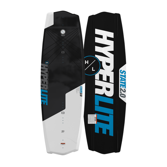 Side-by-side top and base view of State Jr. wakeboard in black, white, and blue.