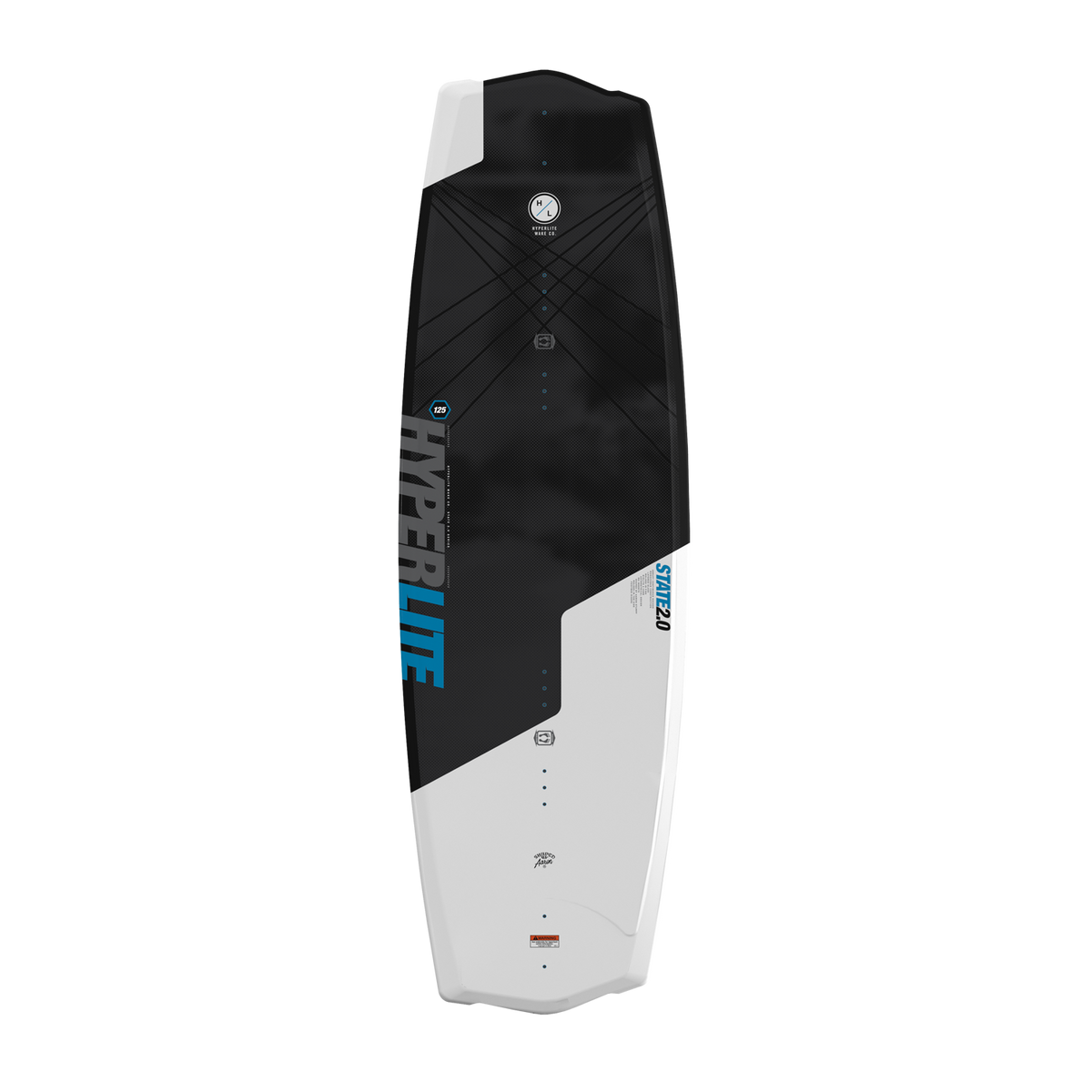 Top view of State Jr. wakeboard showing black and white split design with blue lettering.