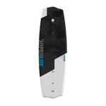 Top view of State Jr. wakeboard showing black and white split design with blue lettering.