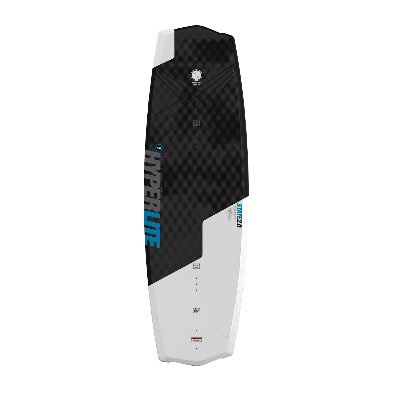 Top view of State Jr. wakeboard showing black and white split design with blue lettering.