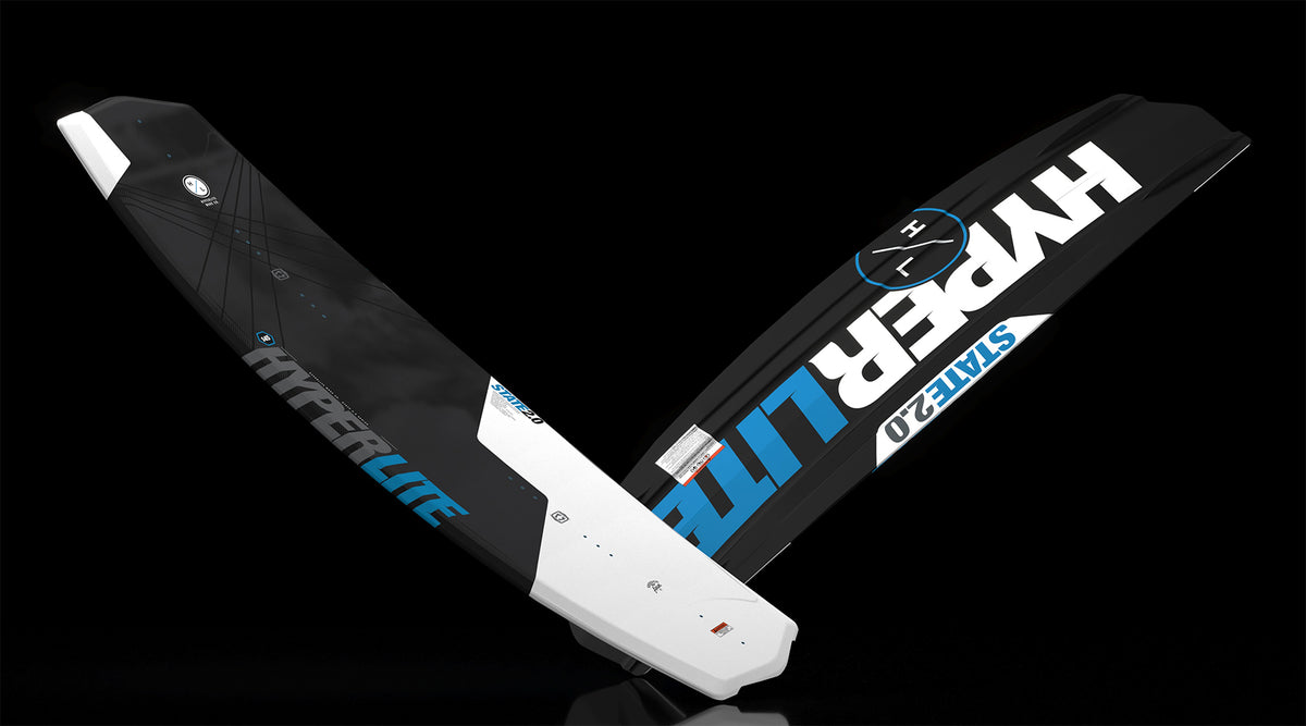Angled split view of State 2.0 wakeboard showing top and base graphics.