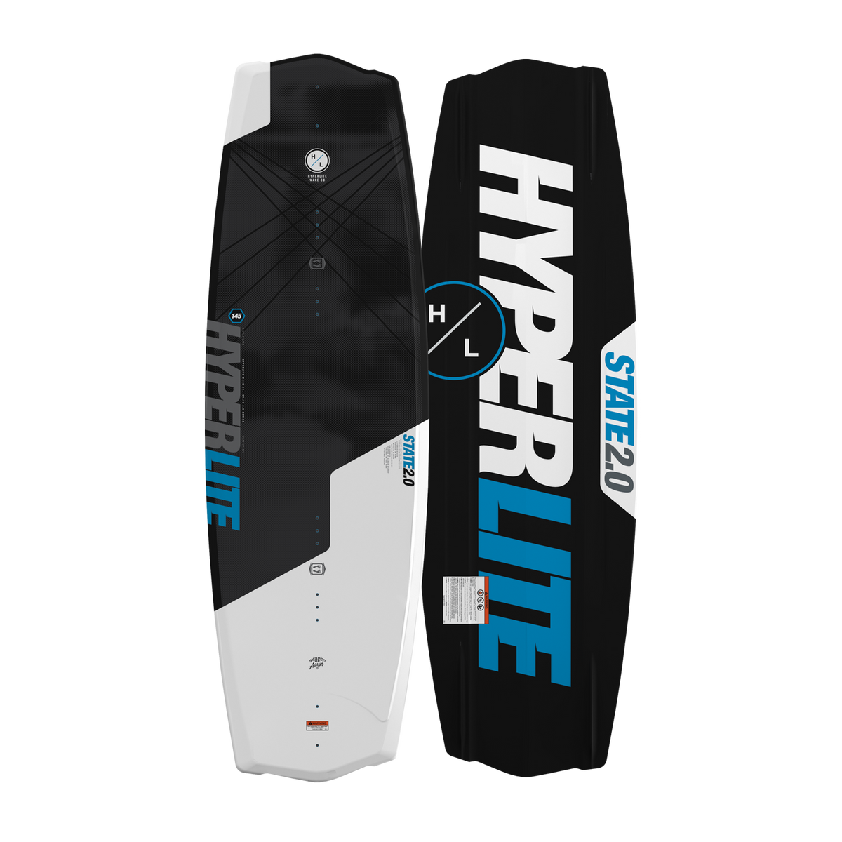 Top and base view of State 2.0 wakeboard showing black, white, and blue design.