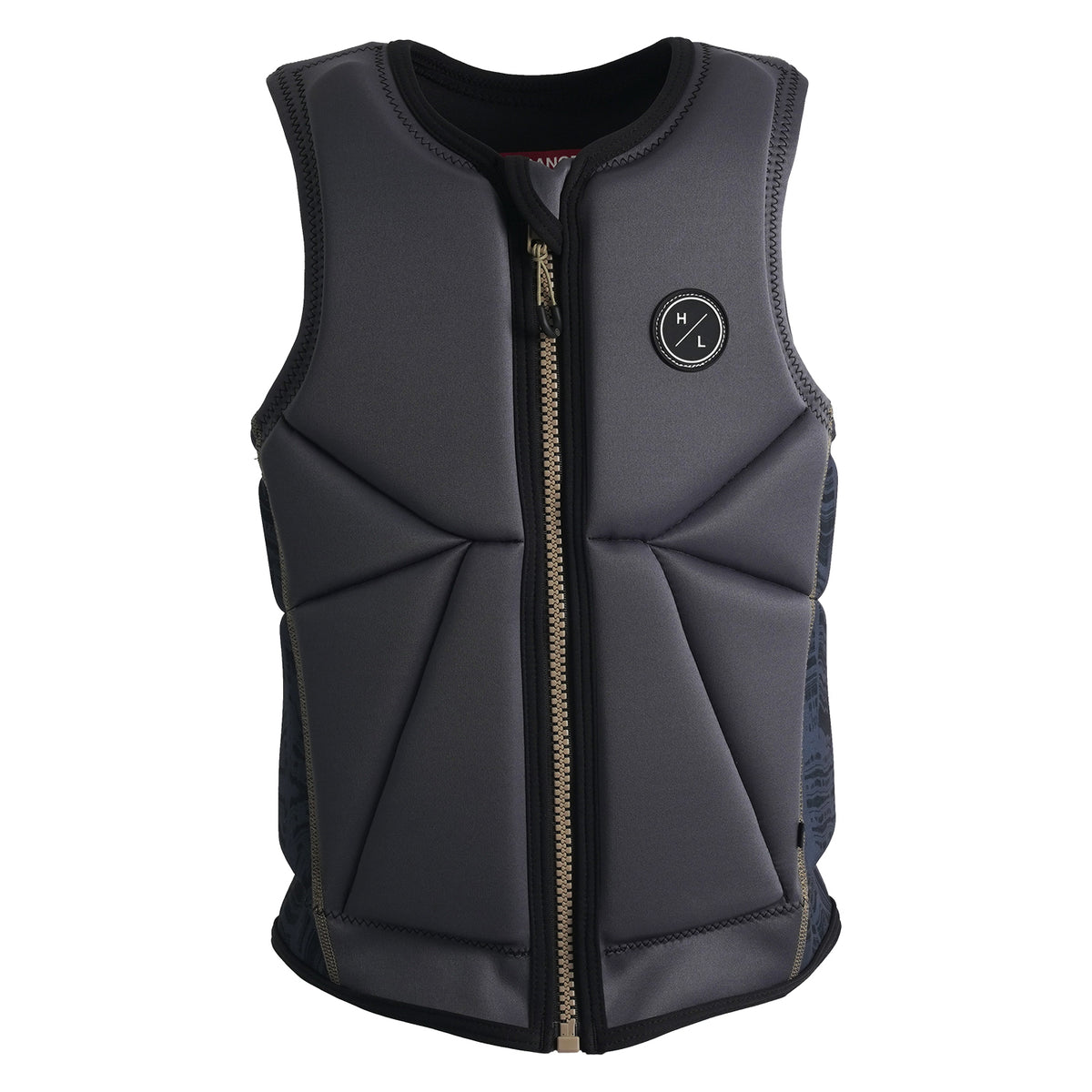 Front view of Storm Jacket showing padded gray panels and circular HL logo on left chest.