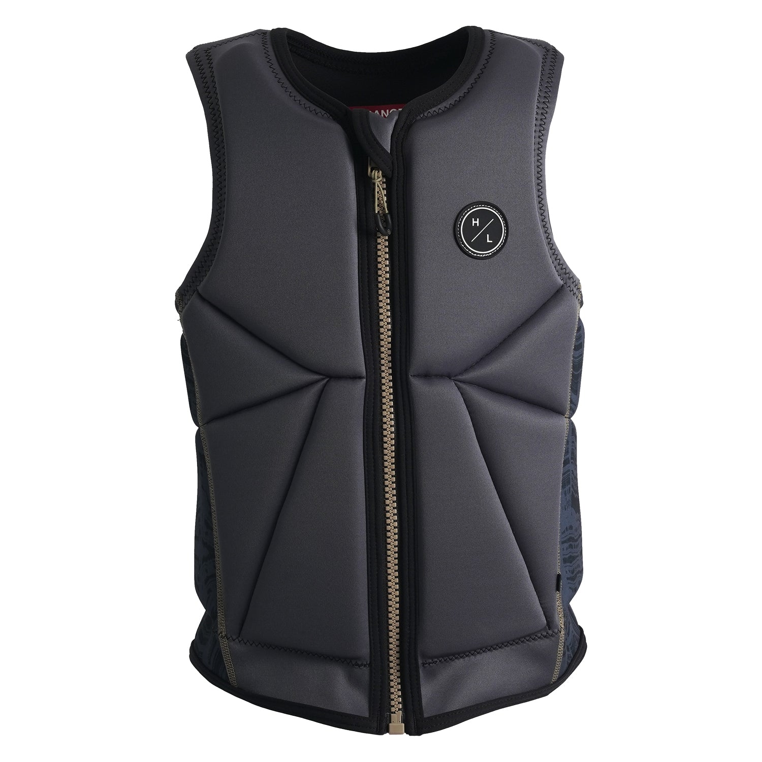 Front view of Storm Jacket showing padded gray panels and circular HL logo on left chest.