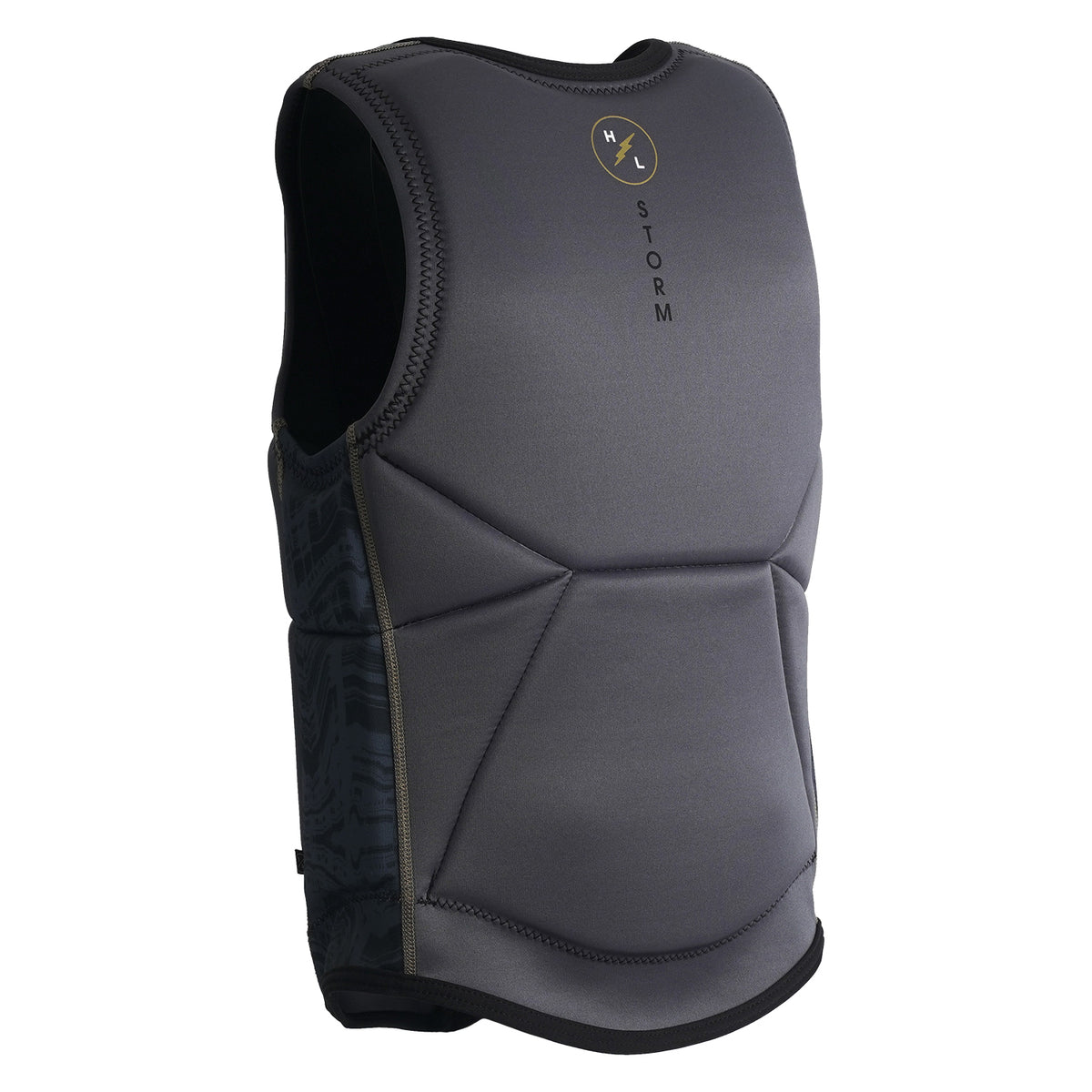Rear angled view of Storm Jacket showing curved hem and printed side texture.