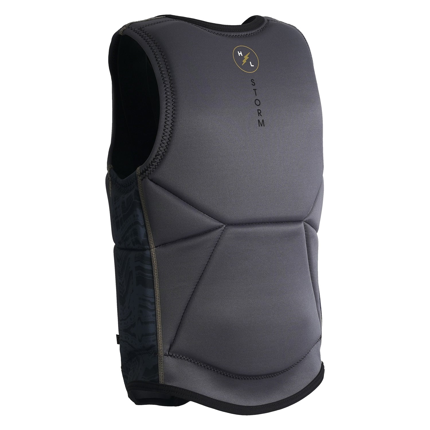 Rear angled view of Storm Jacket showing curved hem and printed side texture.