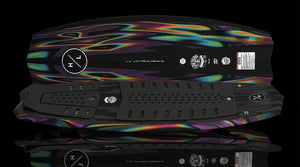 Angled view of Time Machine board showing ribbed deck and multicolor abstract underside.