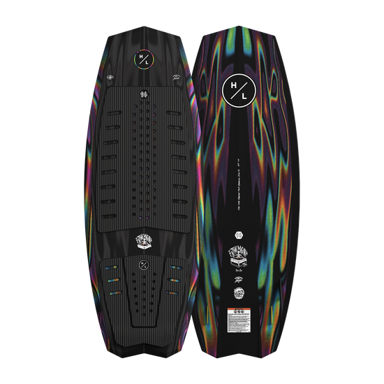 Top and base view of Time Machine board showing black deck with traction pad and abstract underside.