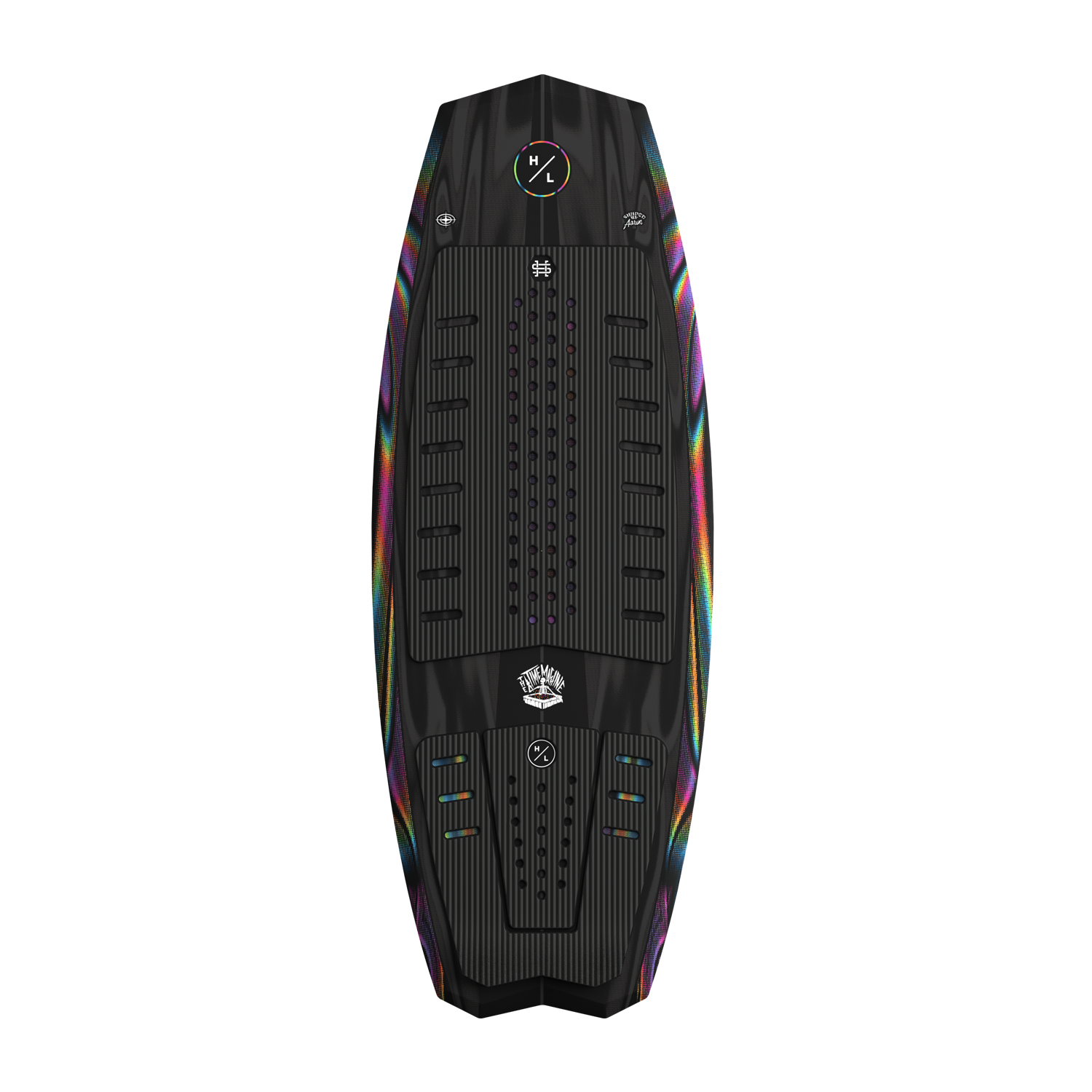 Top view of Time Machine board with black deck and ribbed black traction pad.