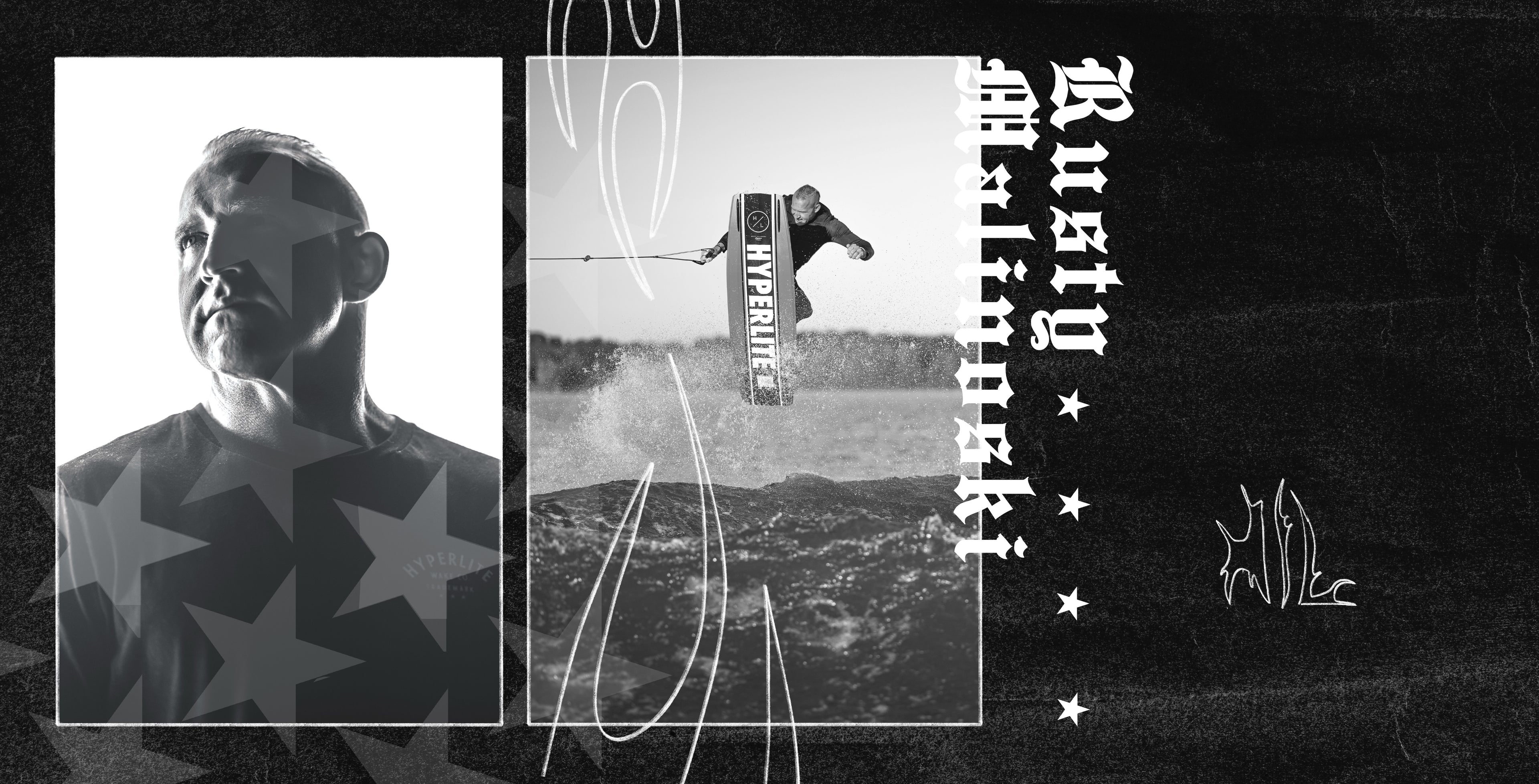 Monochrome collage of a man and a wakeboarder with decorative text.