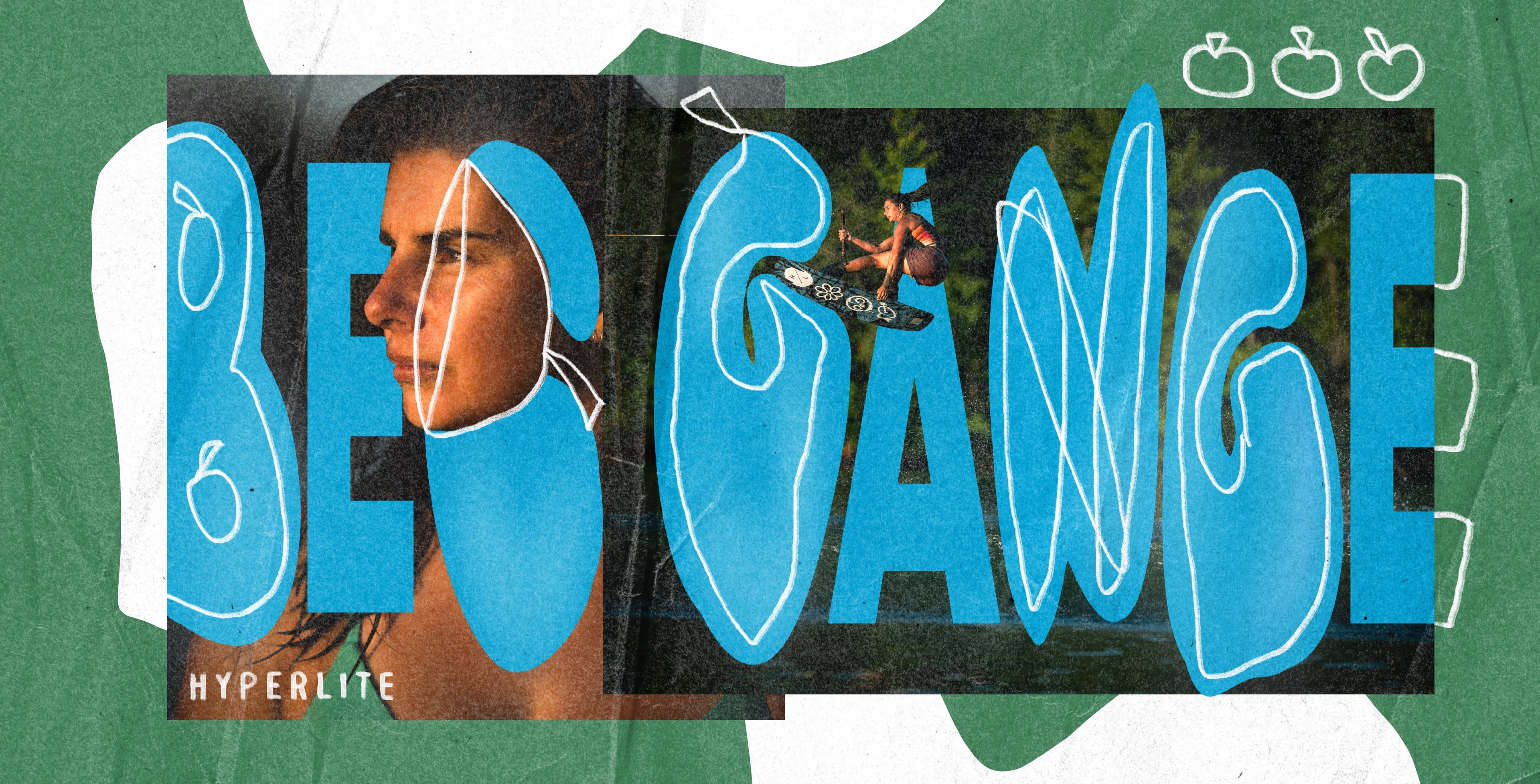 Collage with a wakeboarder and the words Be Change in blue.