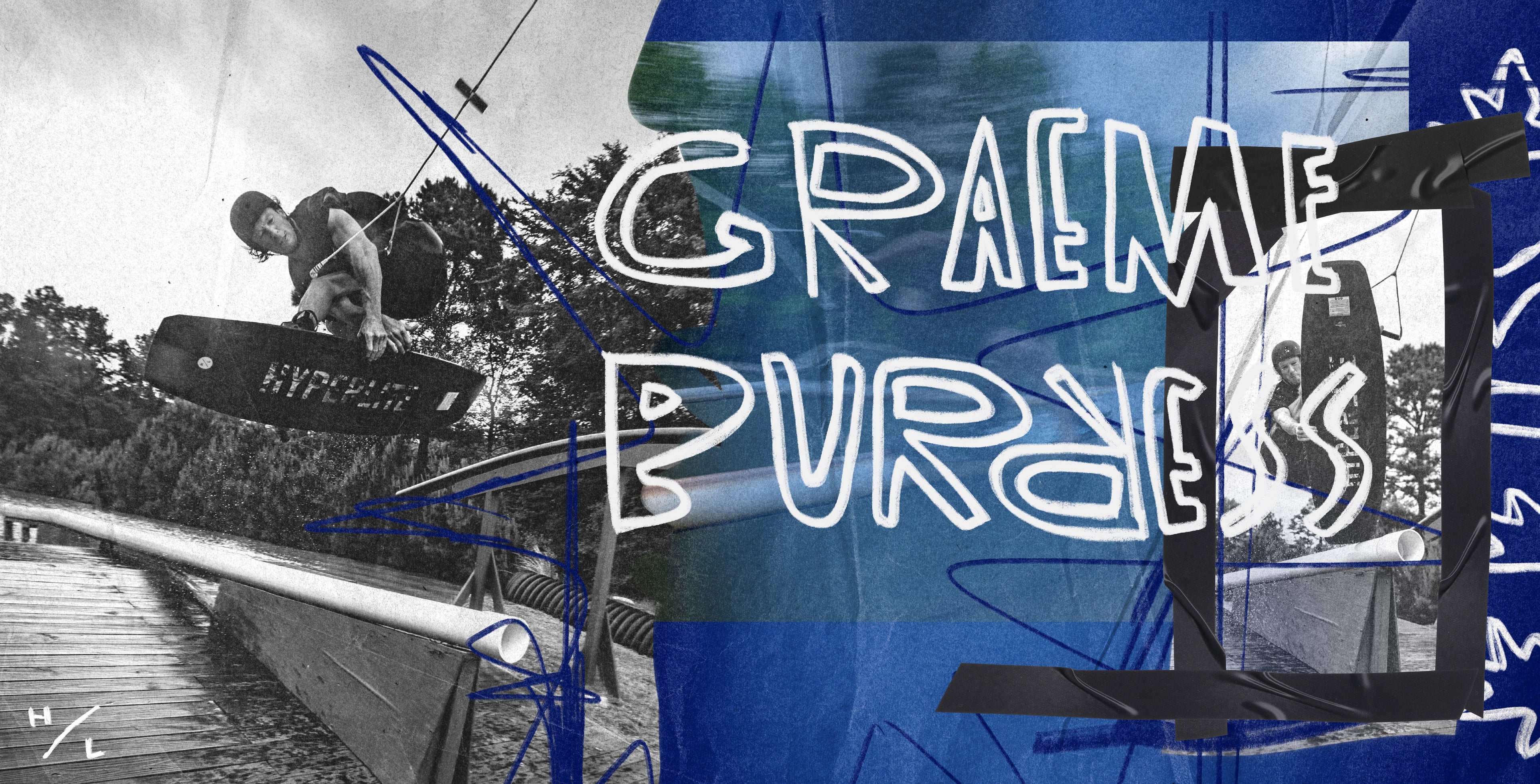 Person wakeboarding with abstract blue and green overlay text.