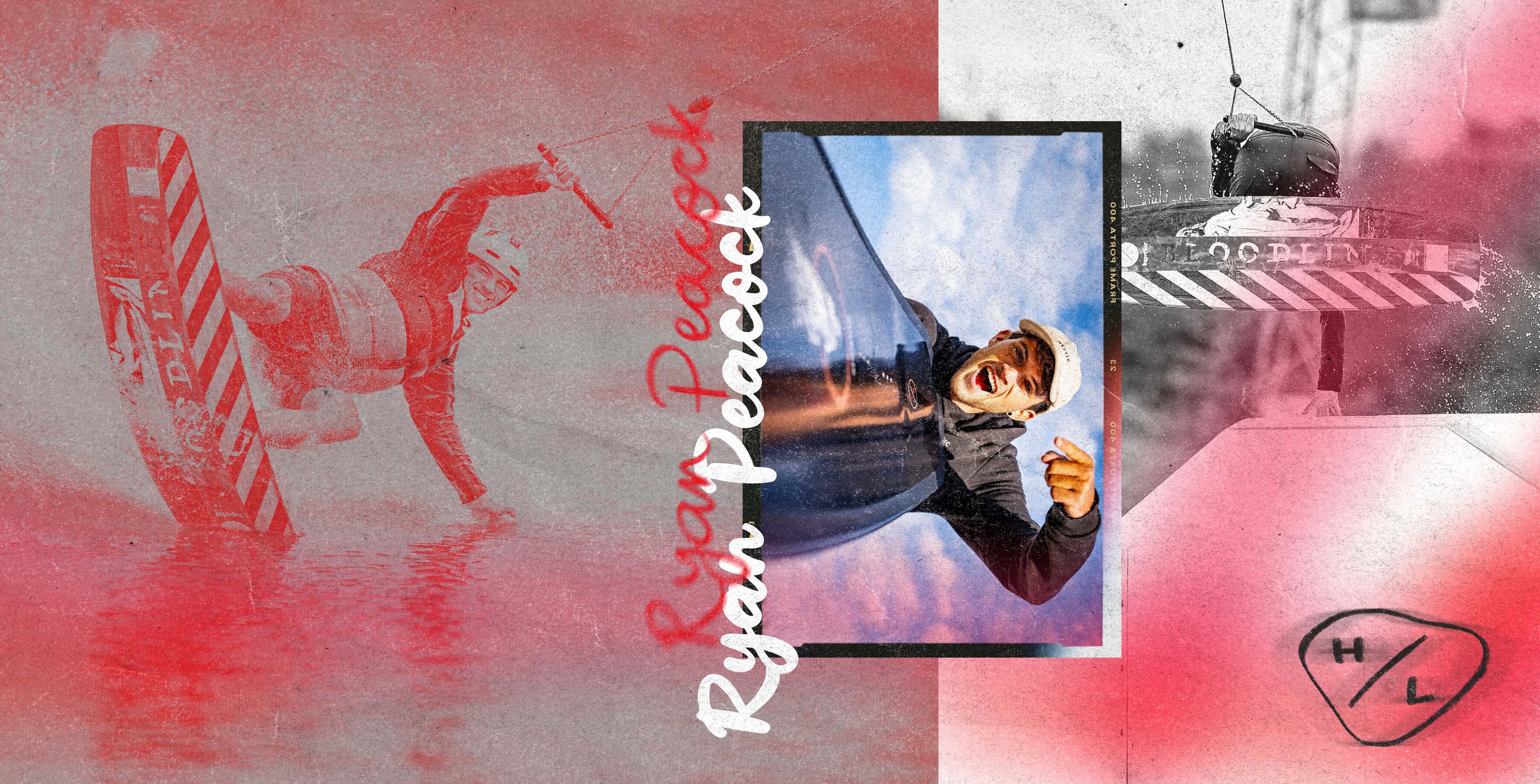 A collage featuring a wakeboarder, smiling person, and abstract elements in red and white tones.