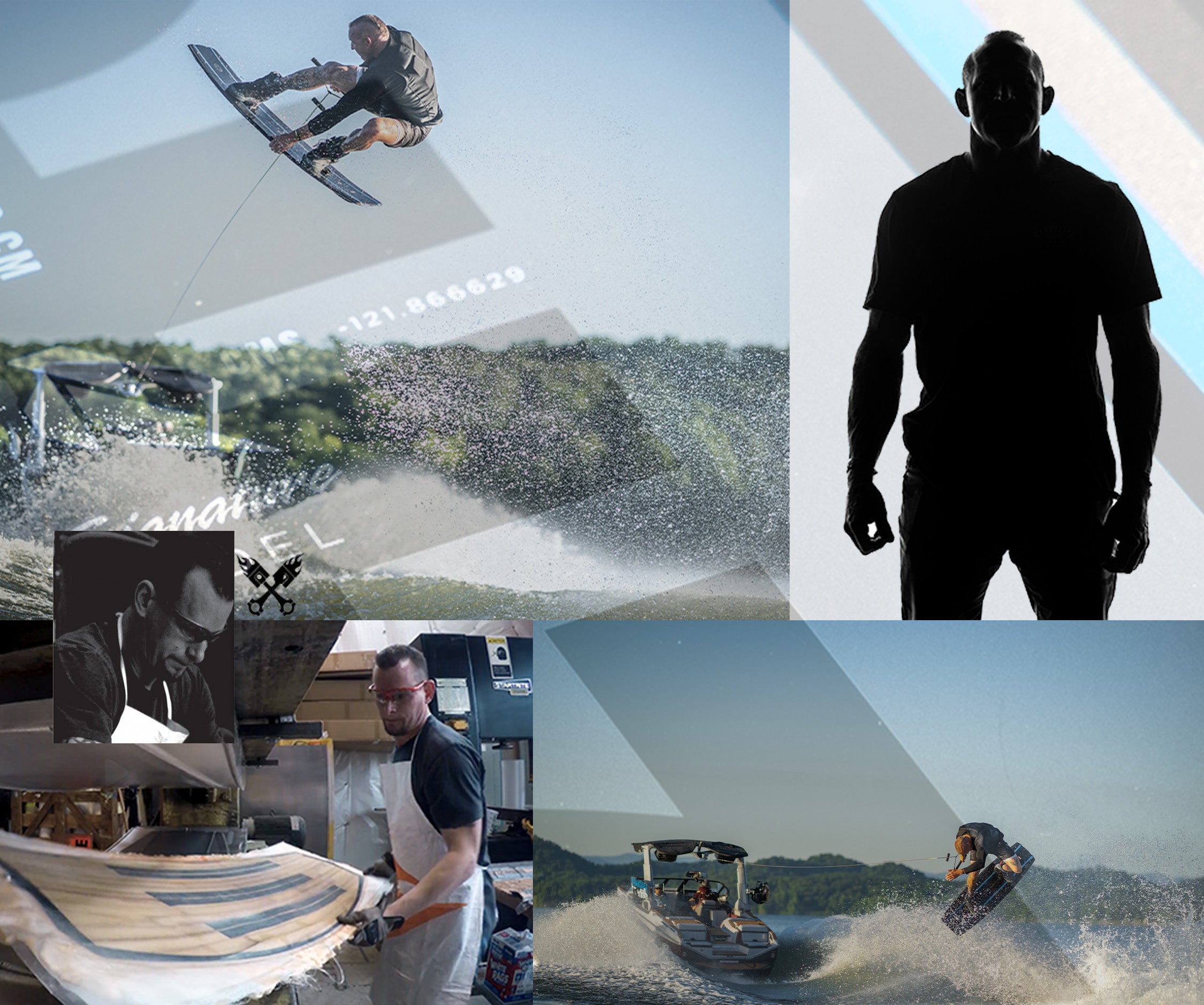 Collage of images including a person on a wakeboard, a person in a black outfit, and a boat on water.