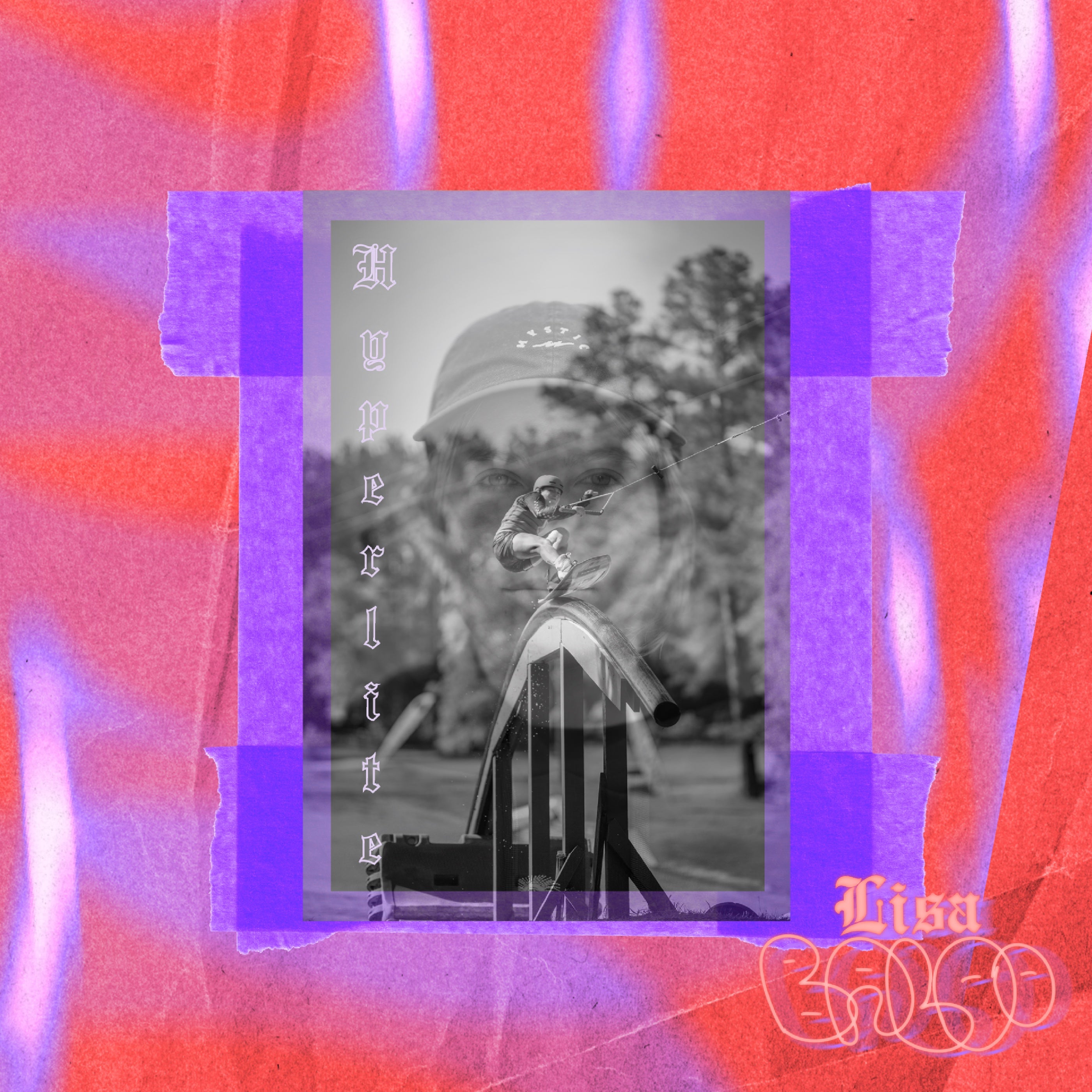 Retro collage with a wakeboarder overlay on a blurred, colorful background.