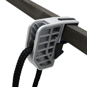 Pontoon Fender & Dock Line Hanger attached to a square metal railing, securing a black dock line.