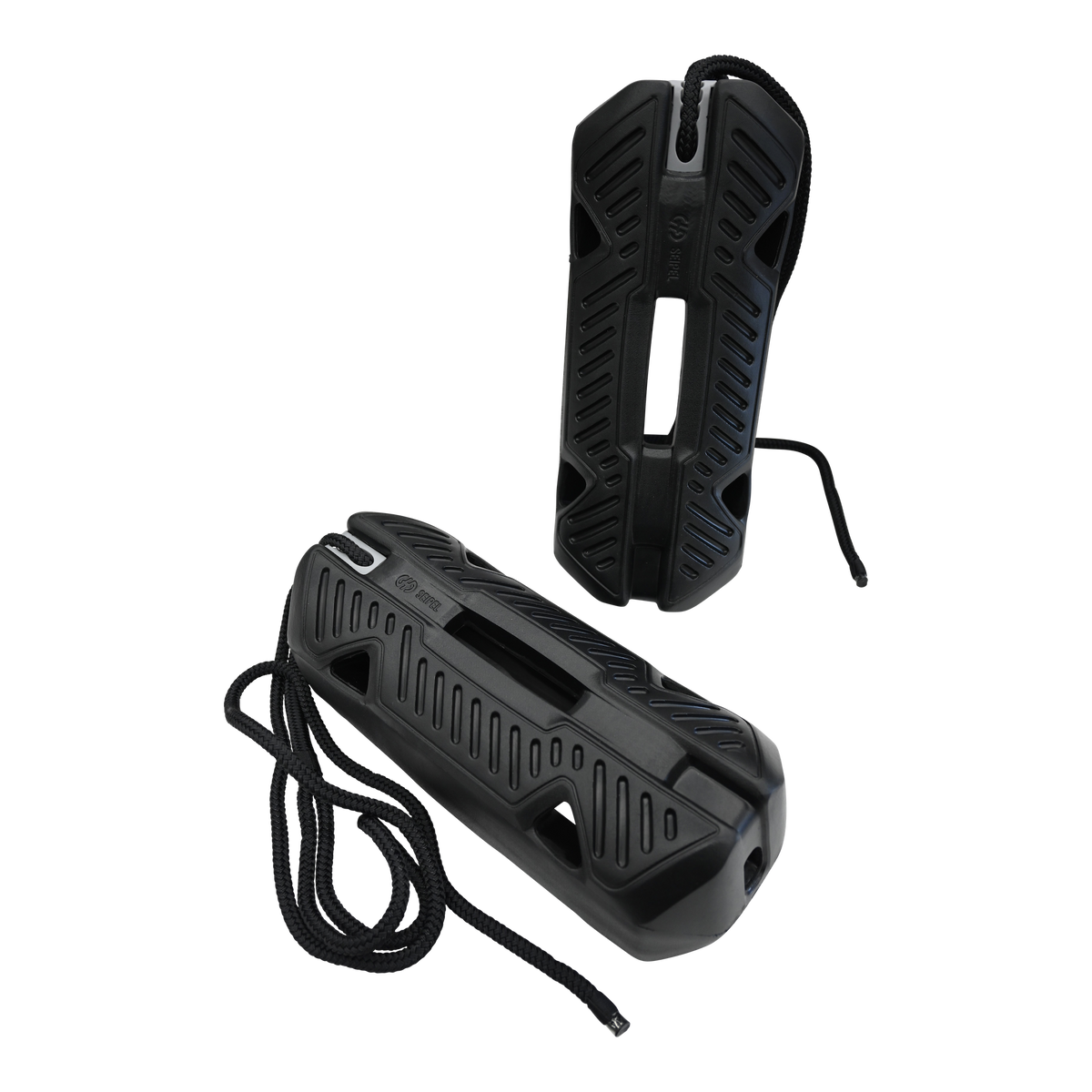 Angled view of the Fender EVA 2.0, a black fender with a textured surface, cutout center, and attached rope.