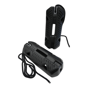 Angled view of the Fender EVA 2.0, a black fender with a textured surface, cutout center, and attached rope.