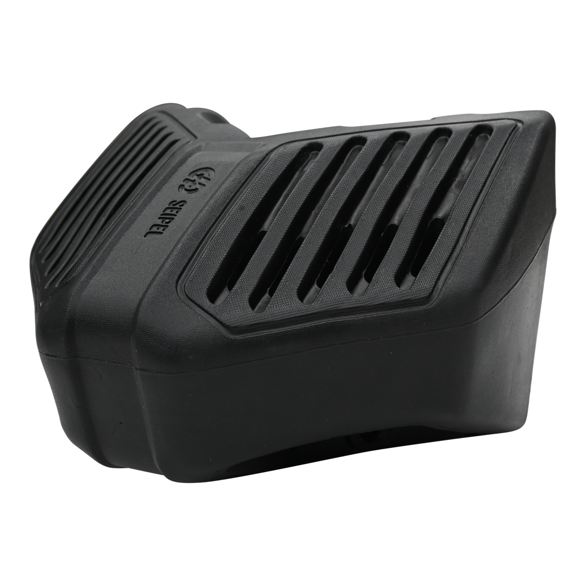 Angled view of a black EVA Permanent Corner Dock Fender with vented surface and embossed logo.