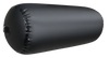 Angled view of a black inflatable cylinder fender, showing a close-up of the reinforced seams and attachment point.