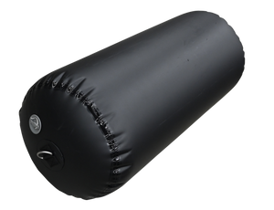 Angled view of the Cylinder Inflatable Fender, a black inflatable fender with a glossy finish and reinforced attachment.