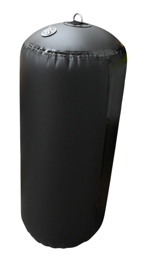 Upright view of the Cylinder Inflatable Fender, a black fender with a top metal D-ring and a side inflation valve.