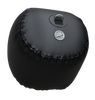 Angled view of the Sphere Inflatable Fender, a glossy black inflatable fender with a top D-ring and a side inflation valve.