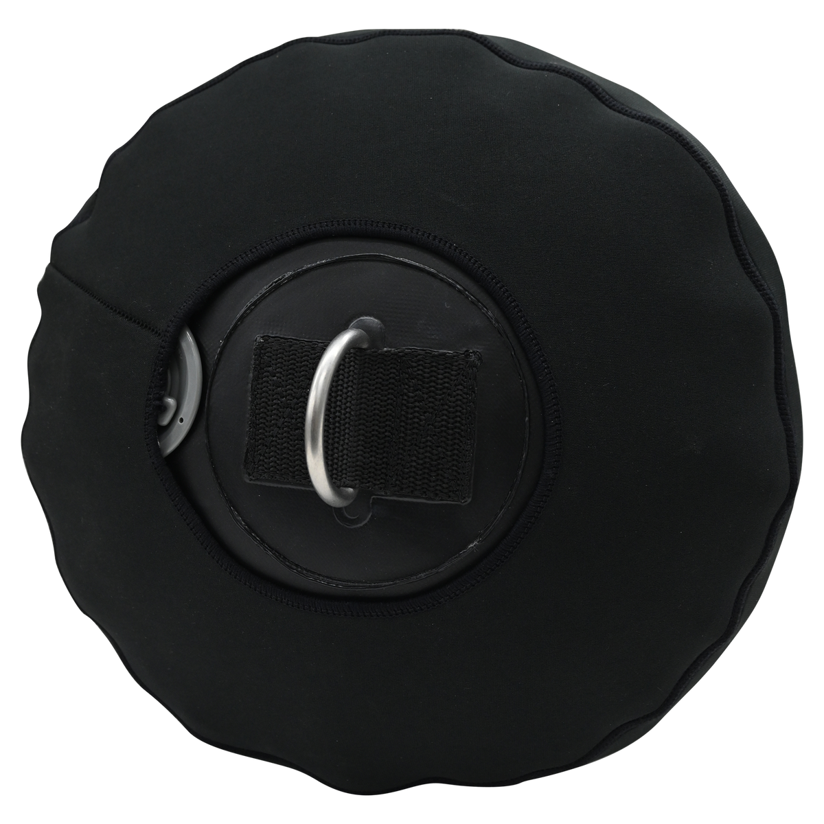 Close-up of the Sphere Inflatable Fender, showing a metal D-ring attachment and inflation valve on the black neoprene cover.