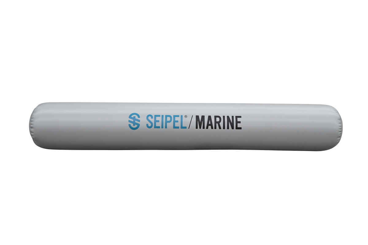 Side view of the 10' Boat Bumper in gray with blue and black branding, showing a cylindrical shape and smooth surface.