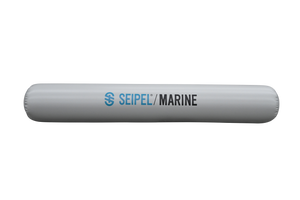 Side view of the 10' Boat Bumper in gray with blue and black branding, showing a cylindrical shape and smooth surface.