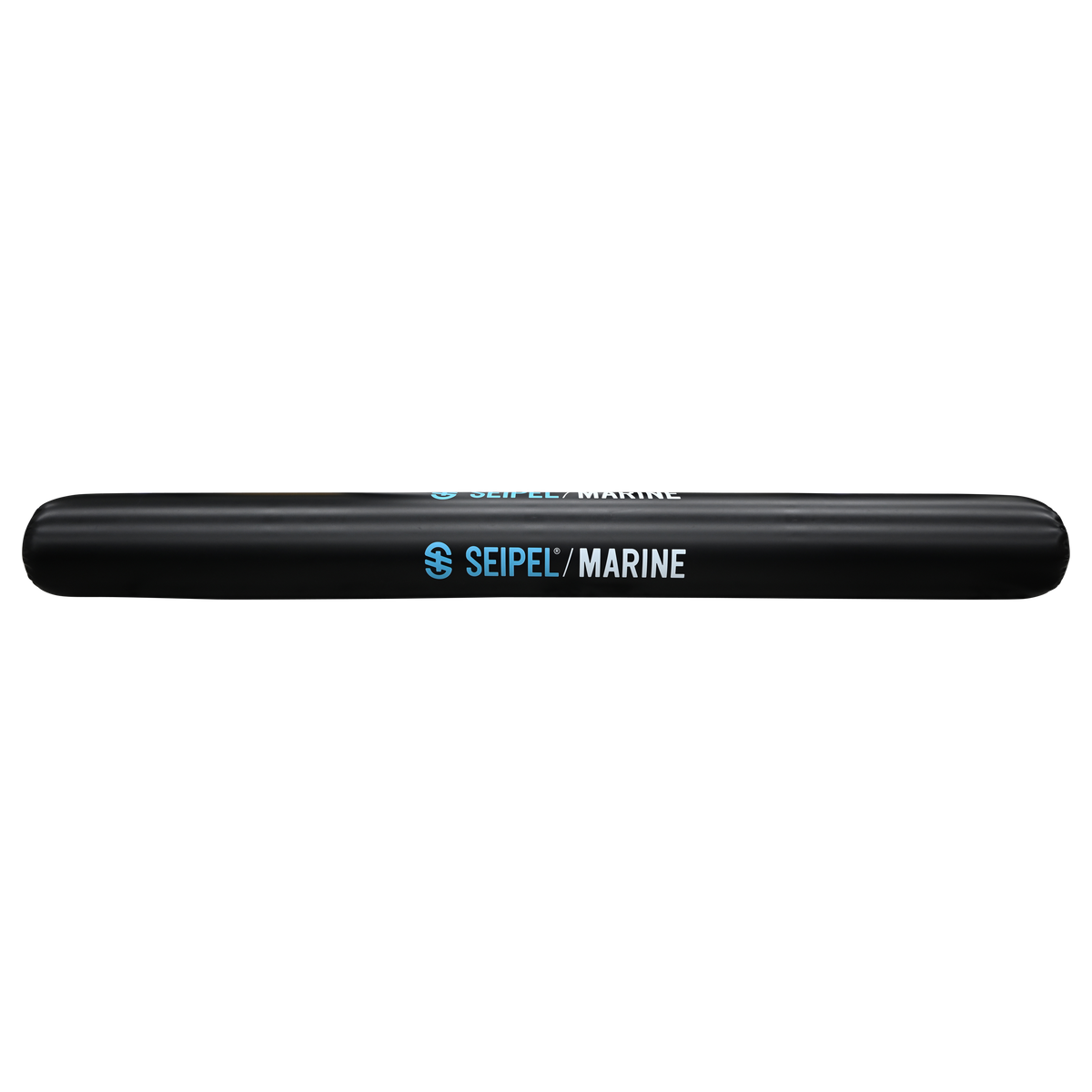 Side view of the 15' Boat Bumper in black with blue branding, showing a long cylindrical shape and smooth surface.