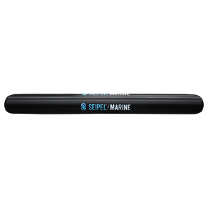 Side view of the 15' Boat Bumper in black with blue branding, showing a long cylindrical shape and smooth surface.