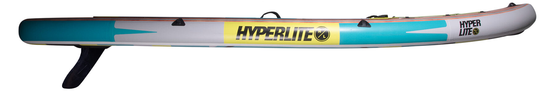 Side view of a colorful Hyperlite inflatable paddleboard with a fin.