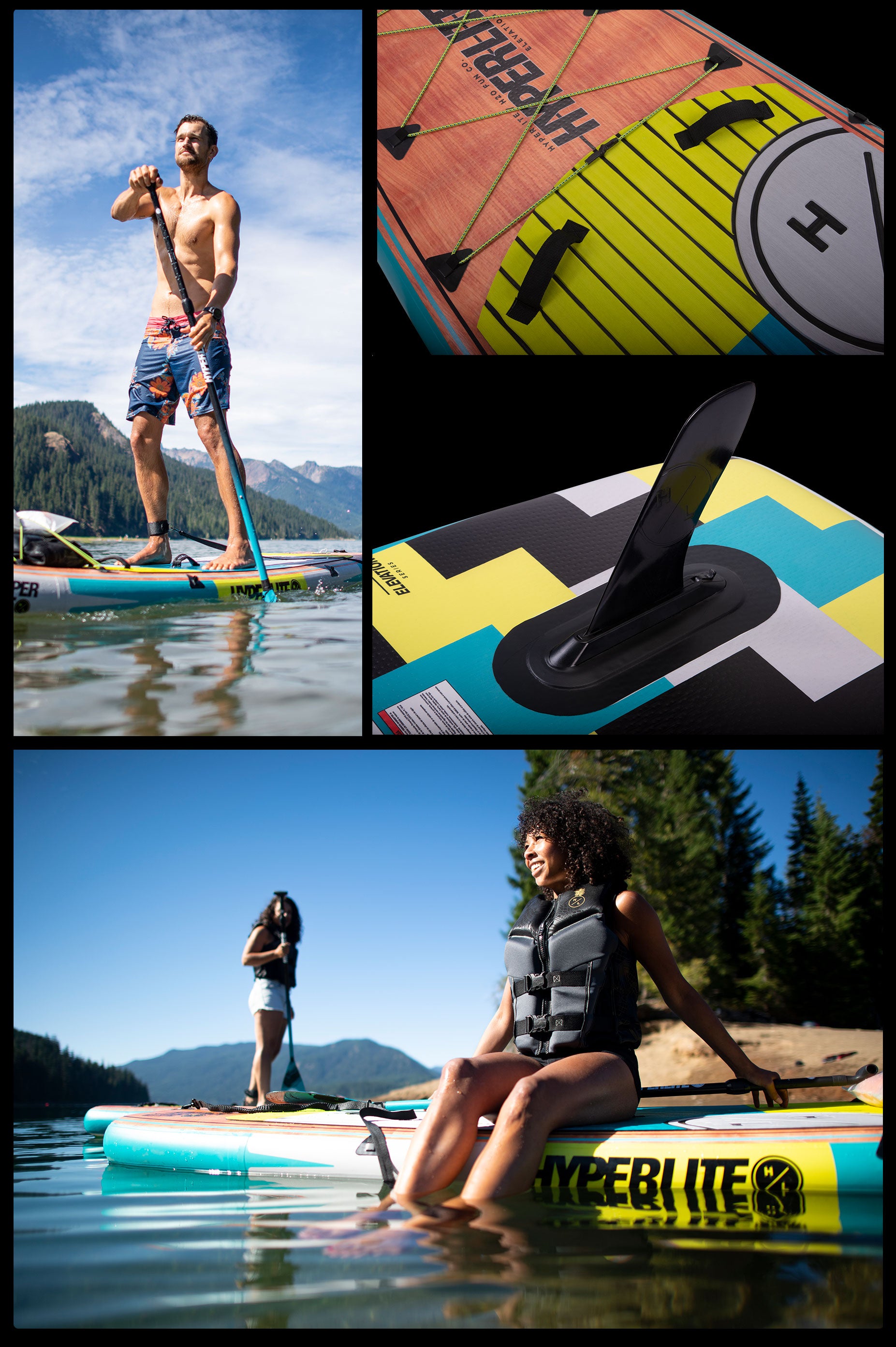People paddleboarding on a lake with colorful boards and scenic mountain views.