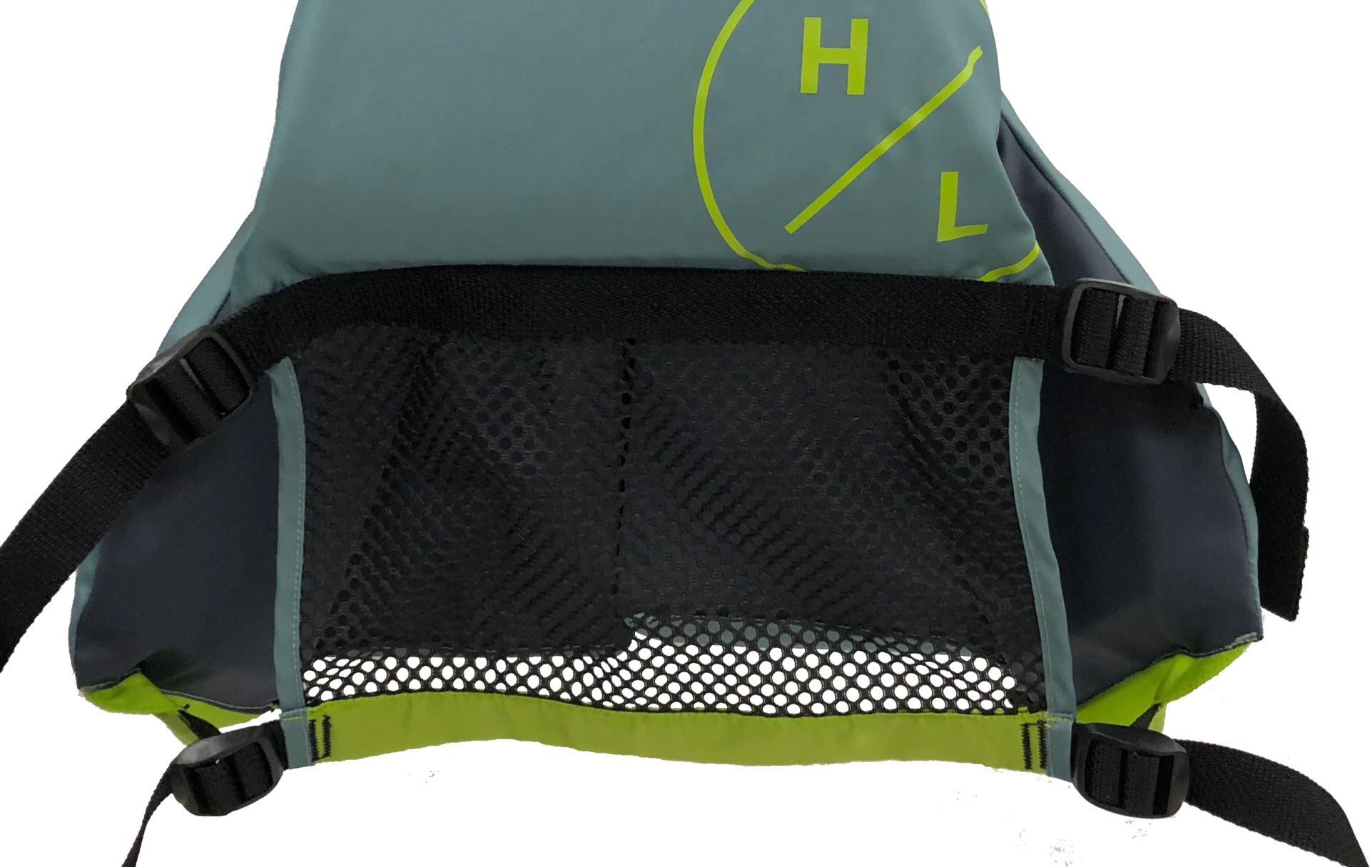 A green backpack with mesh pocket and yellow logo featuring H and L.