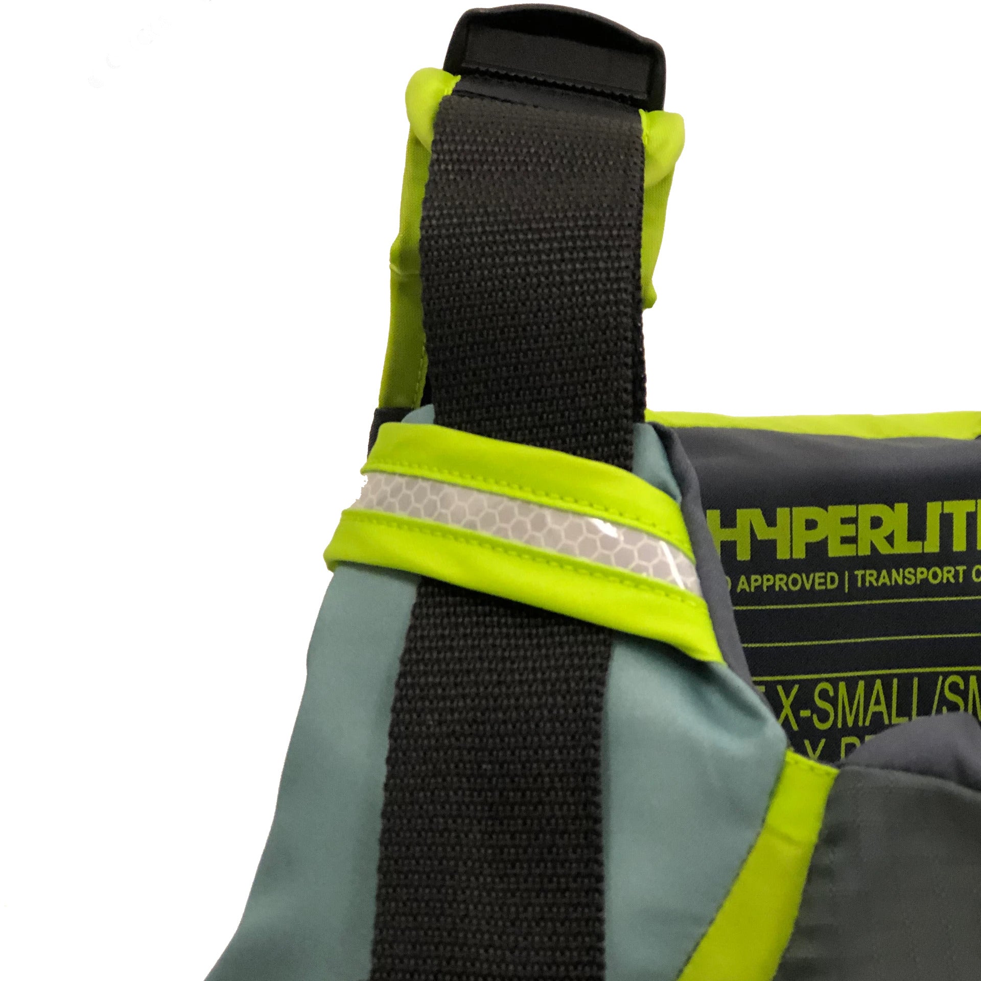 Close-up of lime green and gray backpack strap with Hyperlite text.