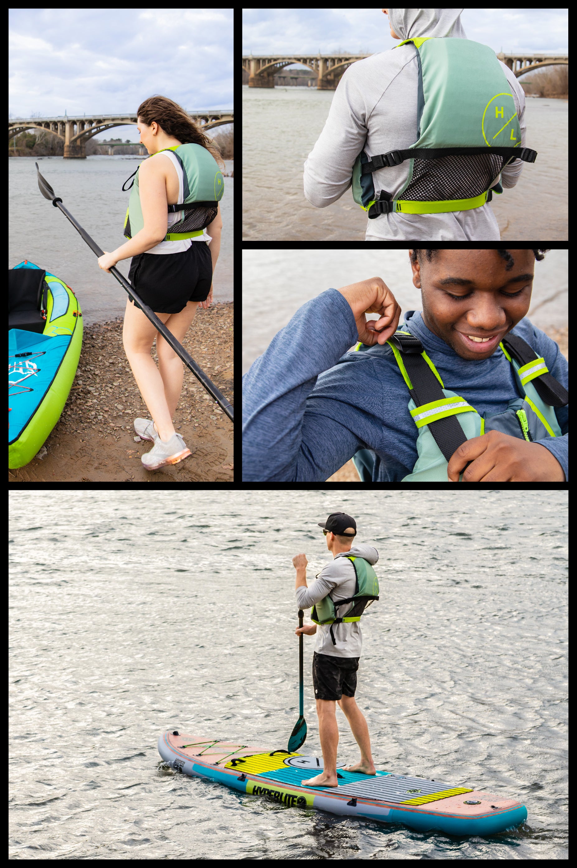 People using paddleboards and wearing life jackets by a river.