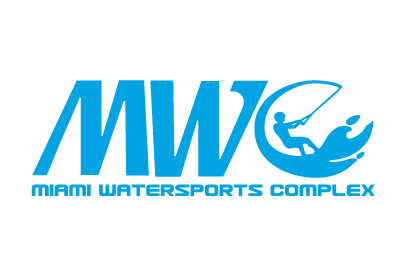 Logo for Miami Watersports Complex with a stylized person wakeboarding and the letters MWC.
