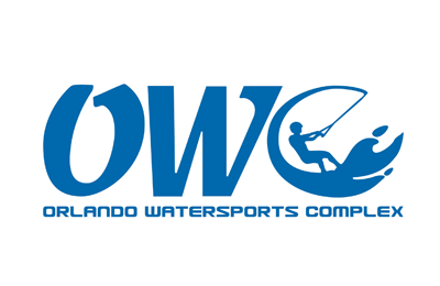 Logo for Orlando Watersports Complex with a person wakeboarding in the letter C.