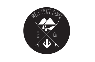 Black circle logo with mountains, trees, and text West Coast Camps, Est 02, CA.