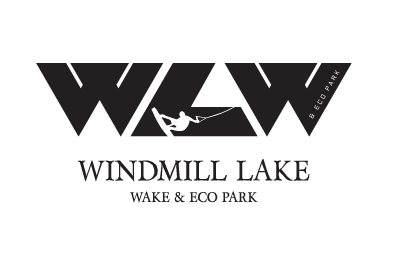 WCW logo with a wakeboarder silhouette, text Windmill Lake Wake & Eco Park below.