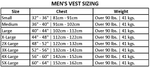 Indy Big & Tall mens CGA vest chart shows size, chest, and weight.
