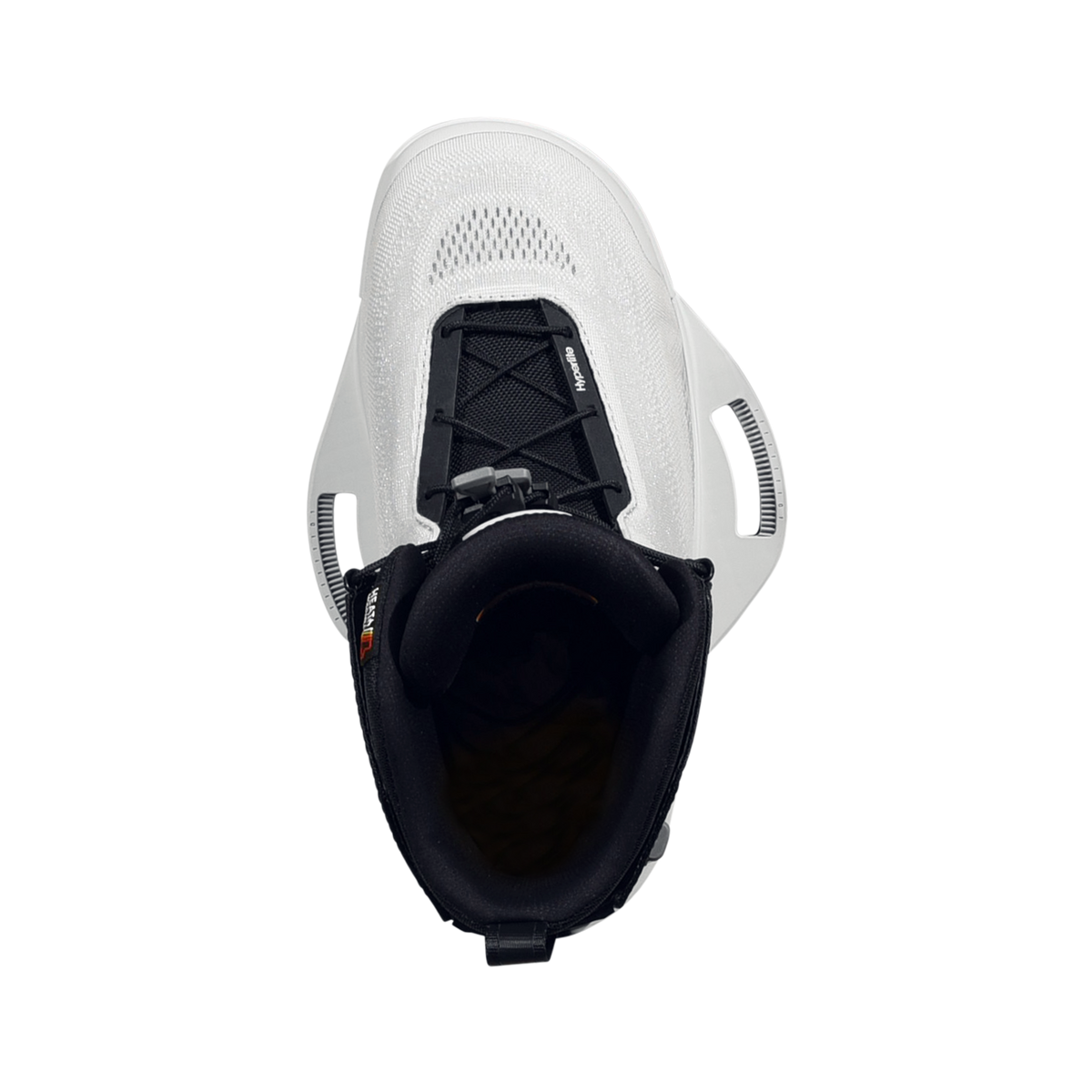 Top view of the MID Binding showing black laces, white toe panel, and padded opening.