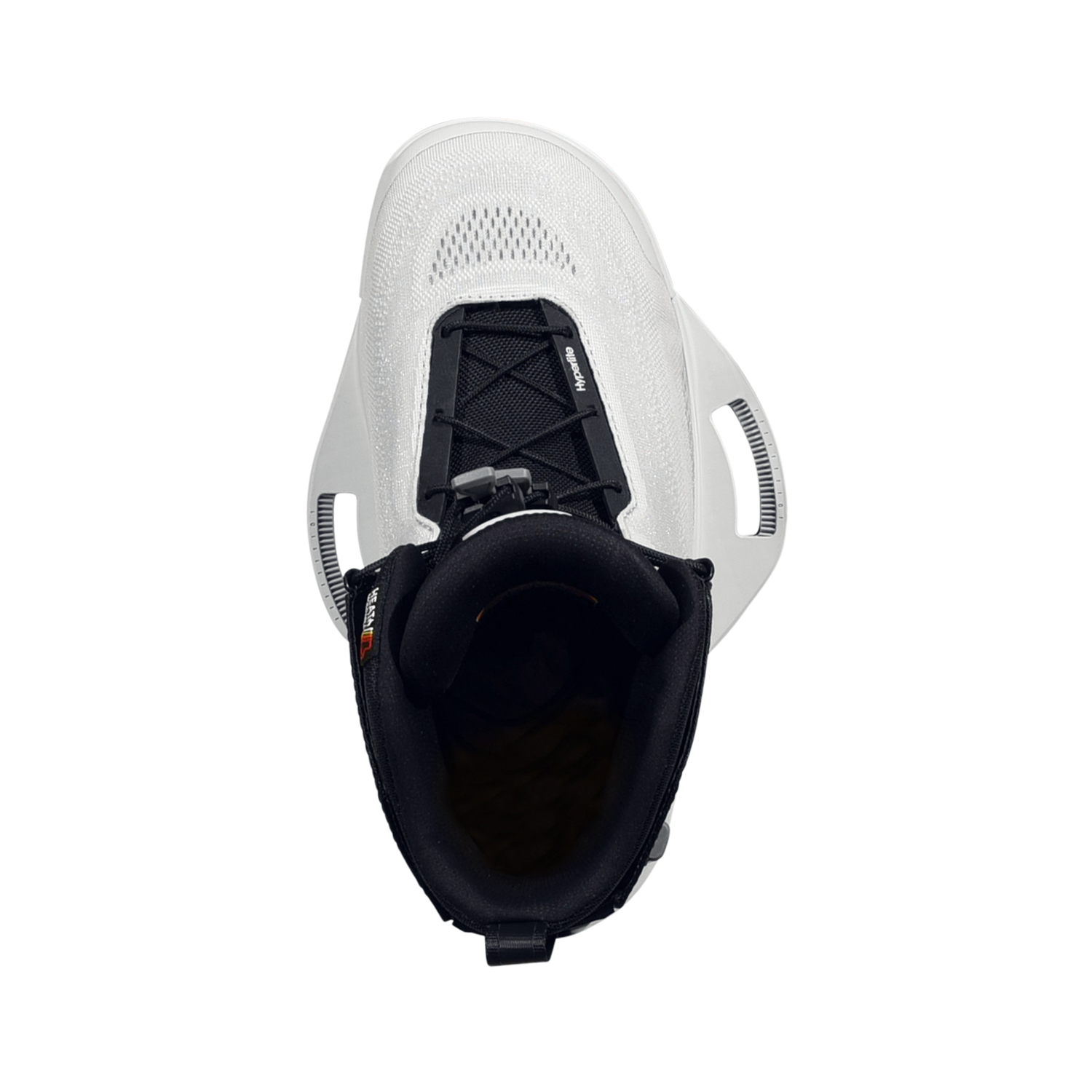 Top view of the MID Binding showing black laces, white toe panel, and padded opening.