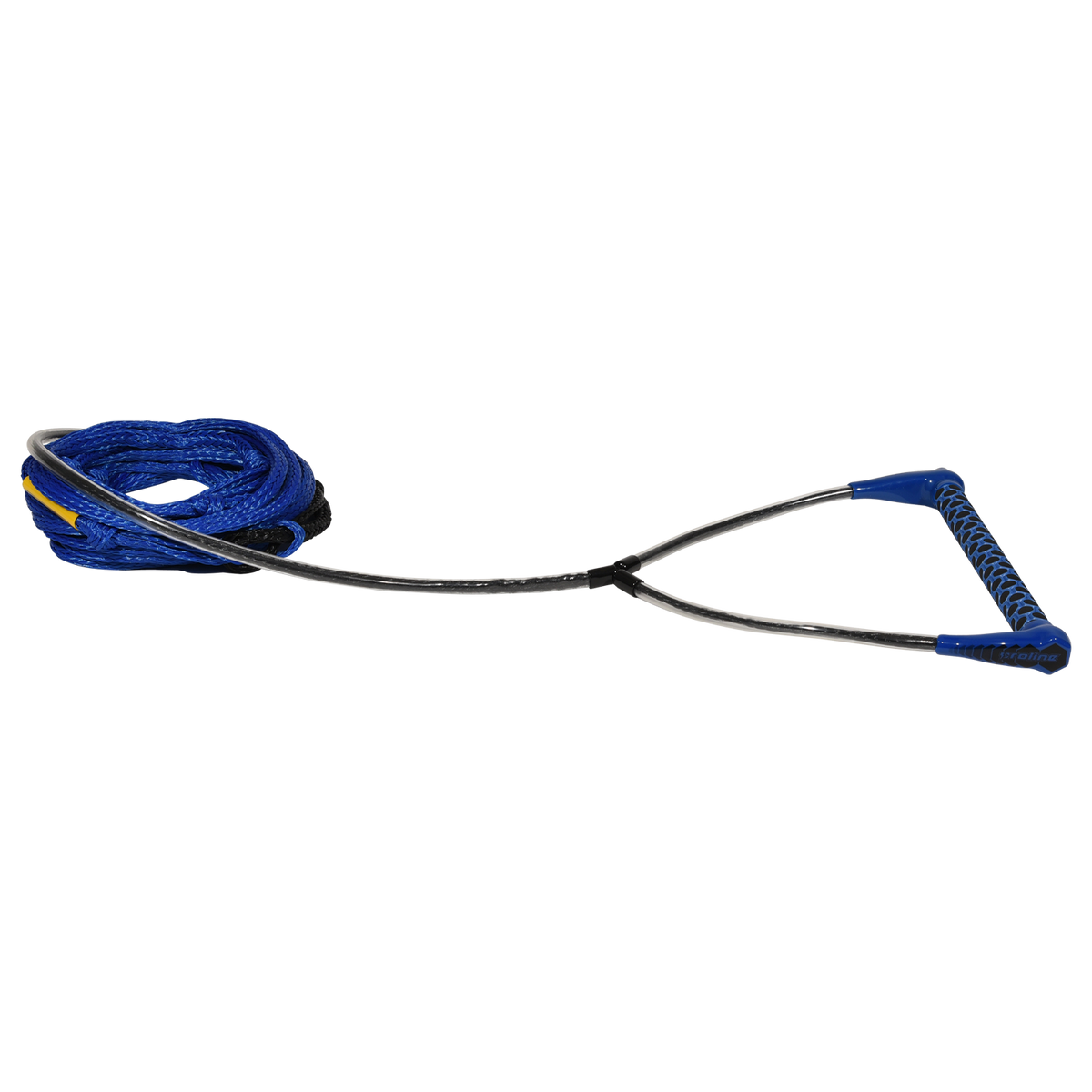 Angled view of Classic handle with blue end caps and grip, attached to coiled blue rope.